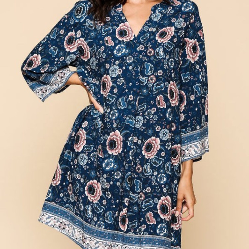 Floral Border Print 3/4 Sleeves Shift Dress